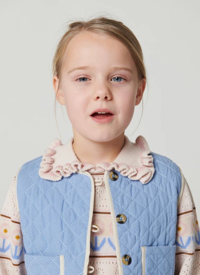 Veste Sans Manches Matelassée Brodée Lune Coton Bio | Bleu ciel