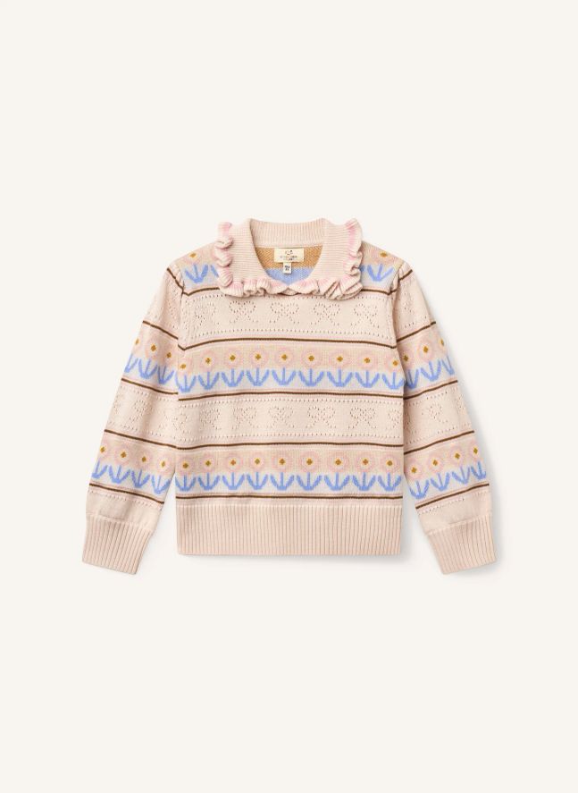 Pull Col Polo Pointelle Fleurs Laine Mérinos | Beige