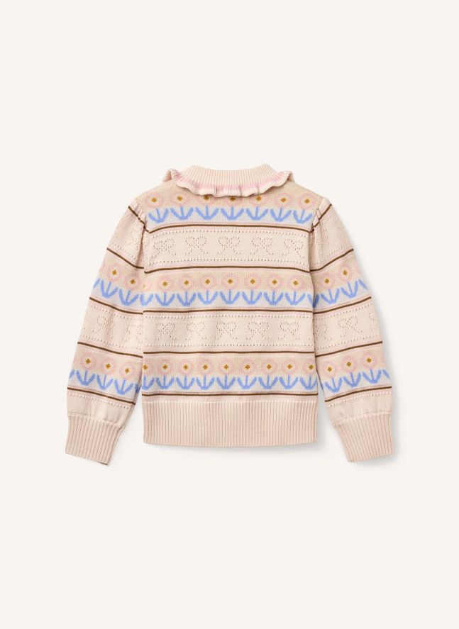 Pull Col Polo Pointelle Fleurs Laine Mérinos | Beige