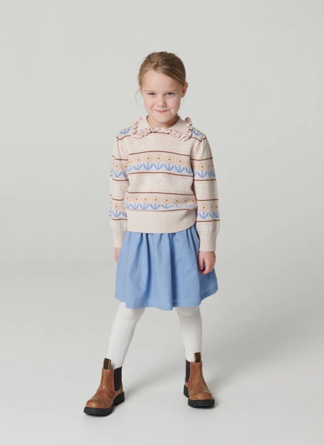 Pull Col Polo Pointelle Fleurs Laine Mérinos | Beige