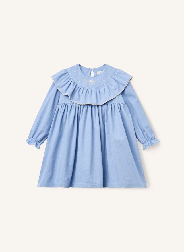 Robe Volants Brodée Etoiles Coton Bio | Bleu ciel