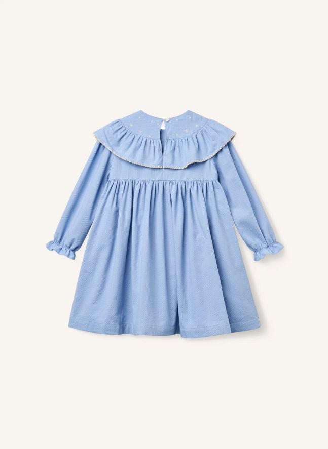 Robe Volants Brodée Etoiles Coton Bio | Bleu ciel