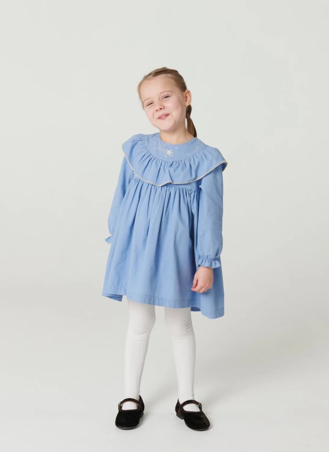 Robe Volants Brodée Etoiles Coton Bio | Bleu ciel