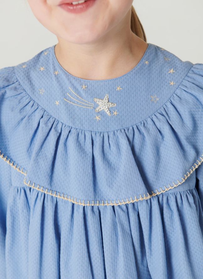 Robe Volants Brodée Etoiles Coton Bio | Bleu ciel
