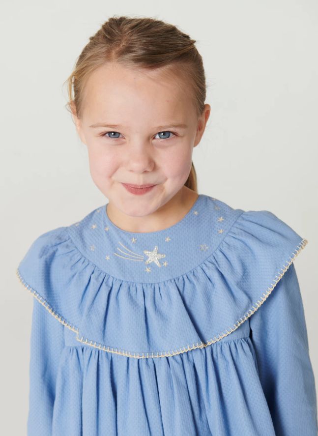 Robe Volants Brodée Etoiles Coton Bio | Bleu ciel