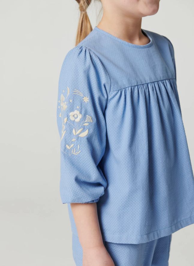Blouse Brodée Coton Bio | Bleu ciel