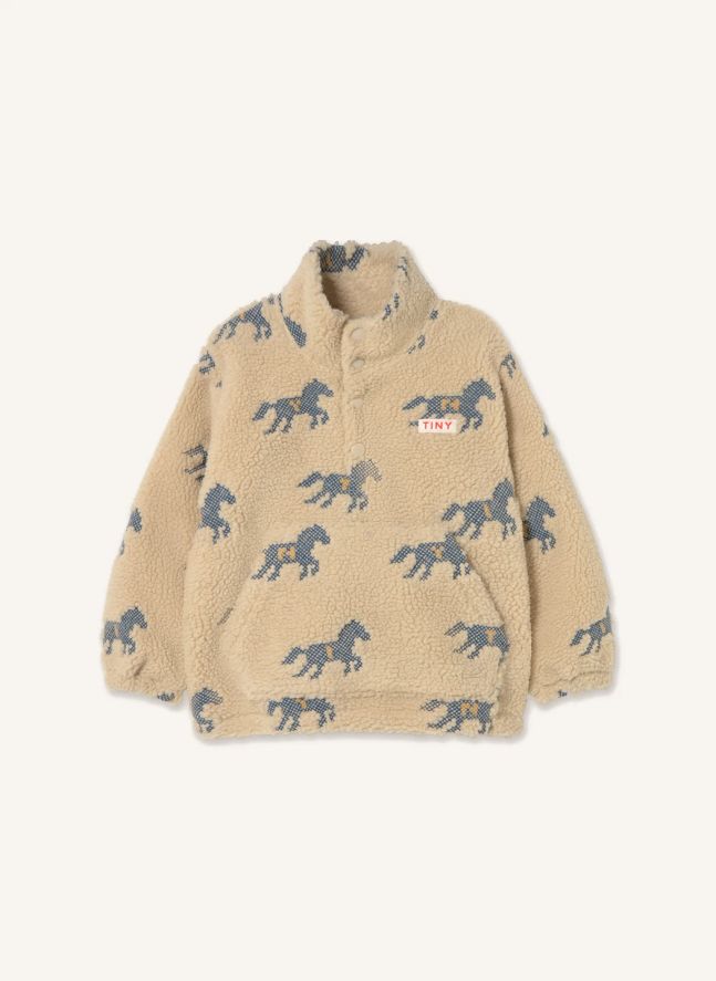 Sweat Zippé Façon Sherpa Chevaux | Crème