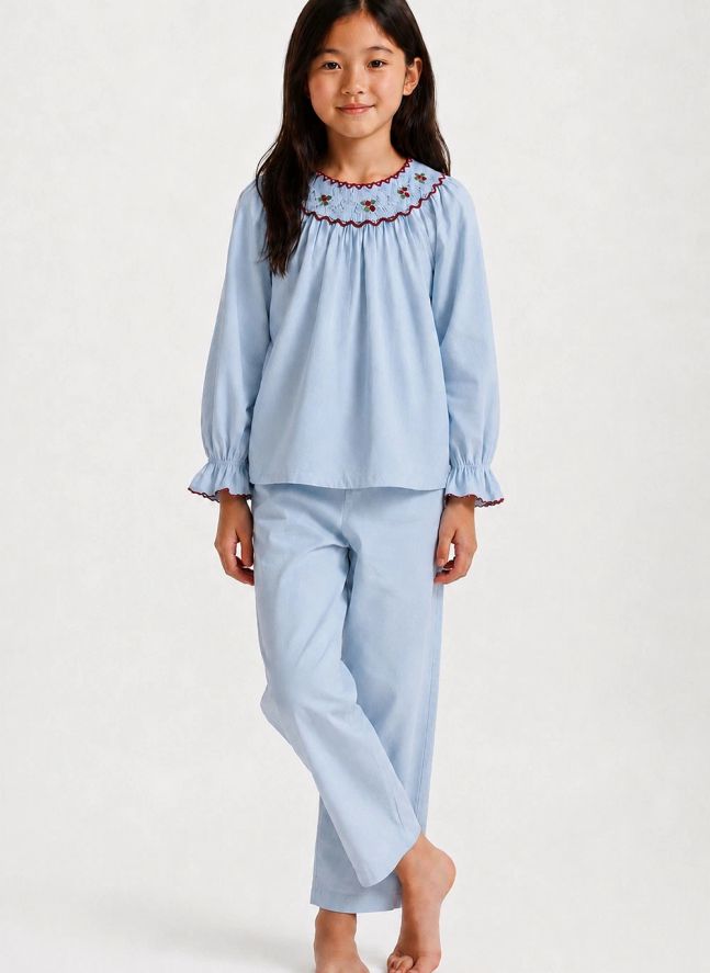 Pyjama Brodé Fleurs - Collection Enfant | Bleu