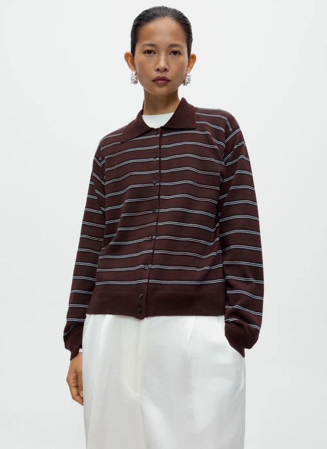 Cardigan Polo Rayé Coton | Marron
