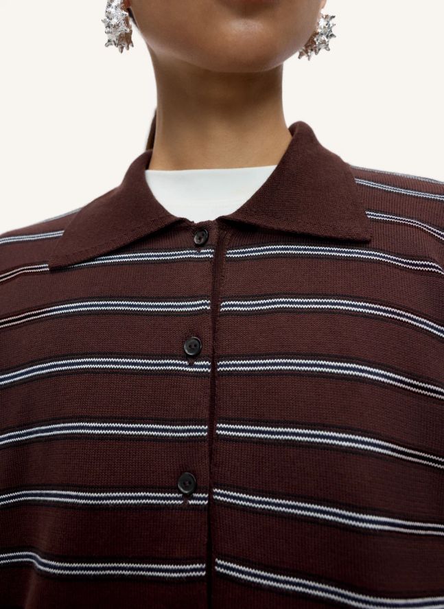 Cardigan Polo Rayé Coton | Marron