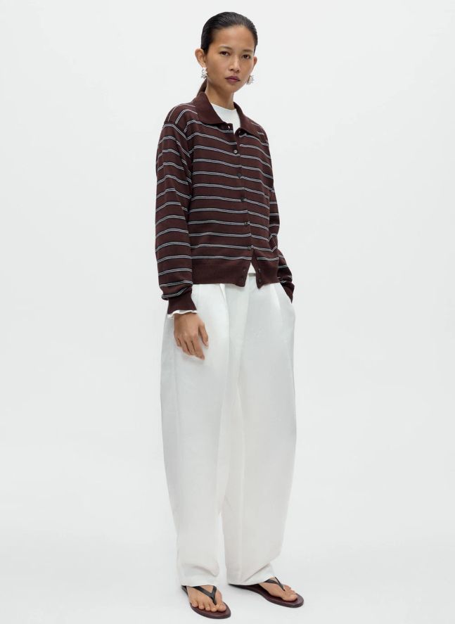 Cardigan Polo Rayé Coton | Marron