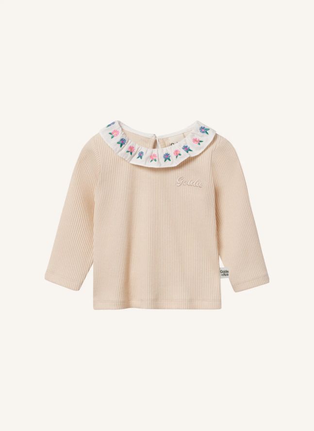 T-shirt Côtelé Col Brodé | Crème