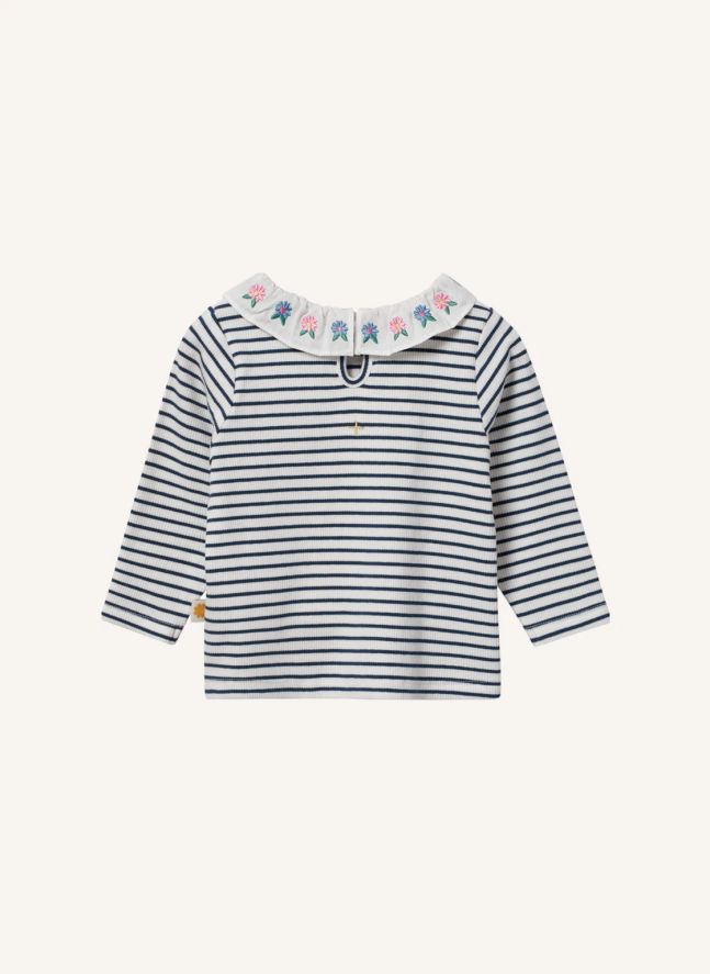 T-shirt Côtelé Rayé Col Brodé | Blanc
