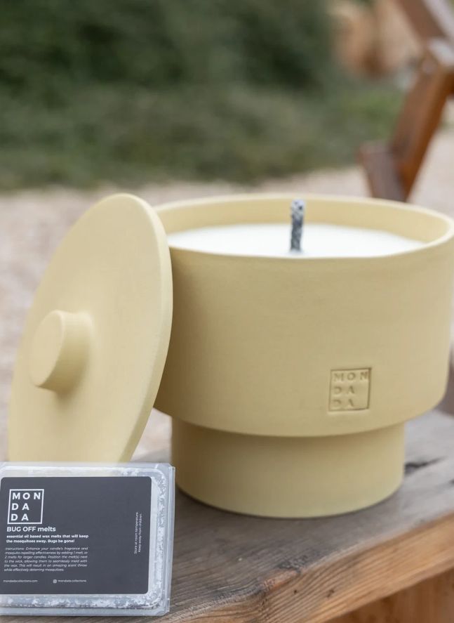 June Sahara Three outdoor candle with cover, neutral fragrance | Pale yellow