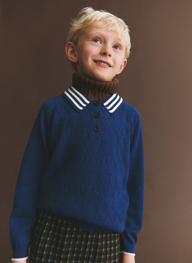 Polo Harlekin Maille Fine Laine Mérinos | Bleu