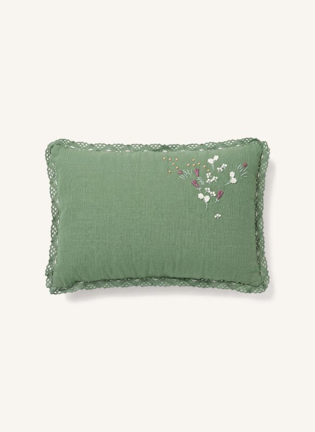Coussin Fleurs Camille | Gaze Vert Mousse