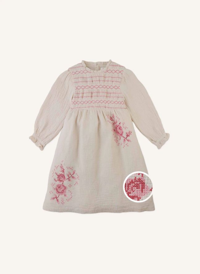 Robe Brodée Emmaline Gaze de Coton | Beige
