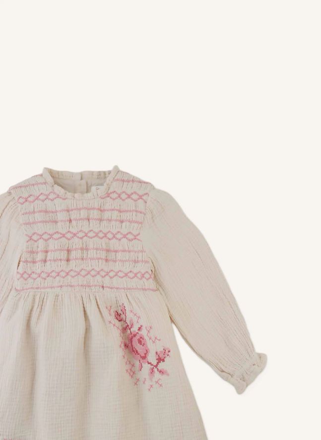 Robe Brodée Emmaline Gaze de Coton | Beige