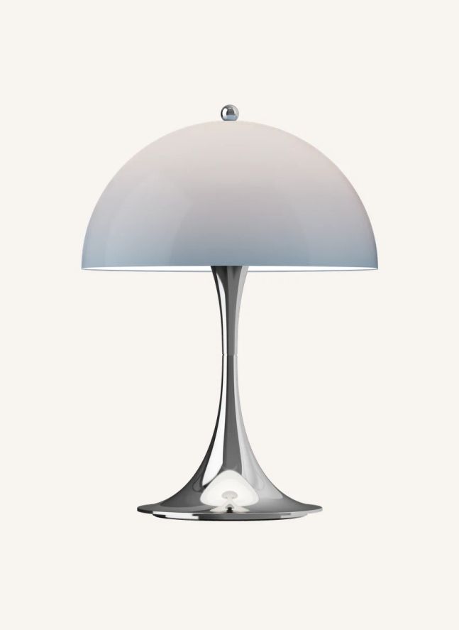 Lámpara de mesa portátil Panthella 250 con pie cromado, Louis Poulsen | Gris Perla