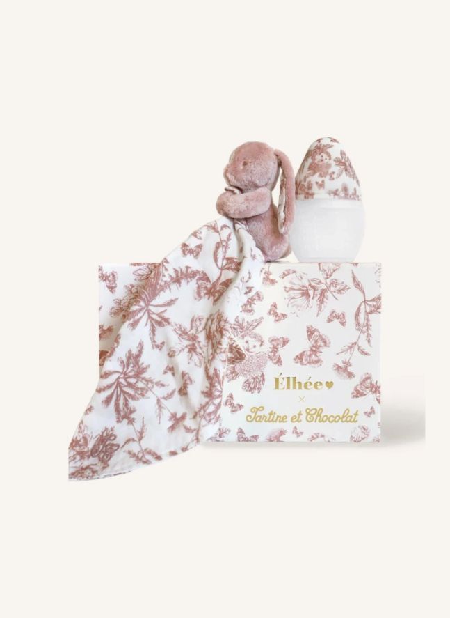Set de biberón y edredón de silicona médica Toile de Jouy - Elhée x Tartine et Chocolat | Rosa Melocotón