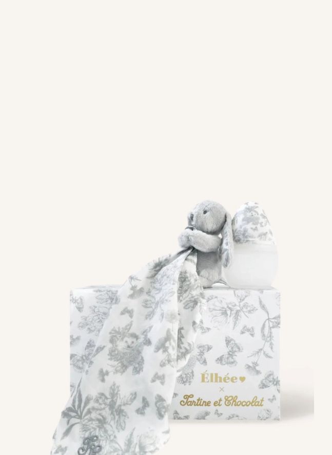 Juego de biberón y edredón de silicona médica Toile de Jouy - Elhée x Tartine et Chocolat | Gris