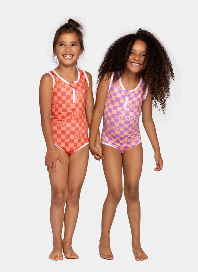 Maillot 1 Pièce Anti-UV Checkered Love Fibres Recyclées | Corail