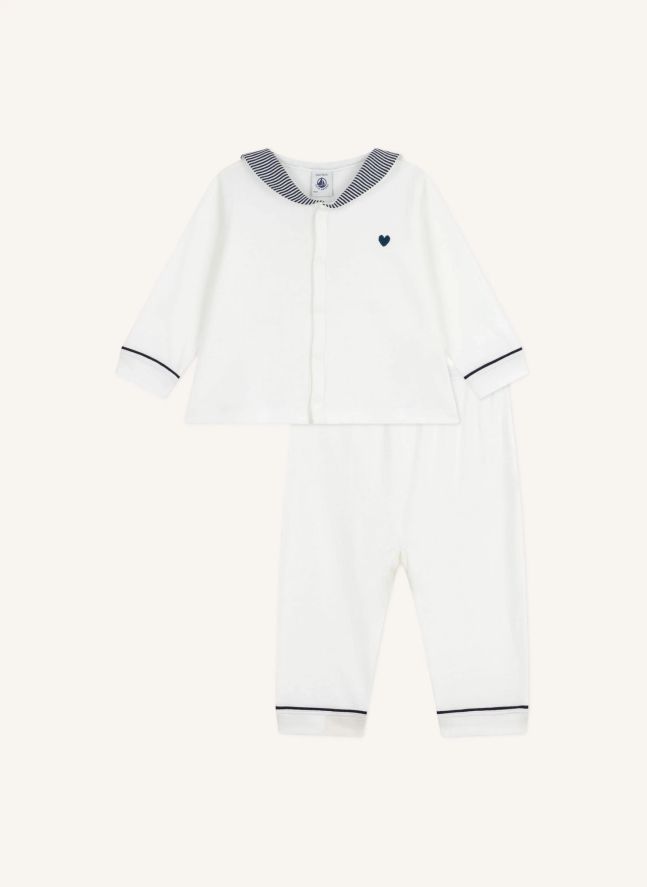 Pyjama Col Rayé Coton Bio | Blanc