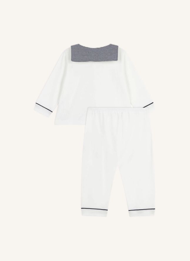 Pyjama Col Rayé Coton Bio | Blanc