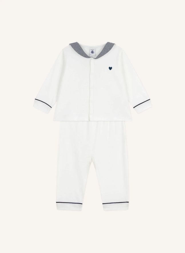 Pyjama Col Rayé Coton Bio | Blanc