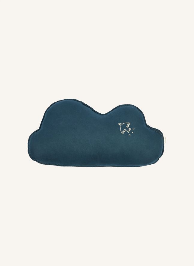 Coussin Nuage avec broderie Oiseau - Lin Français | Bleu nuit