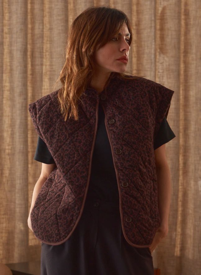 Veste Sans Manches Charlie Léopard Double Gaze de Coton - Collection Femme | Chocolat