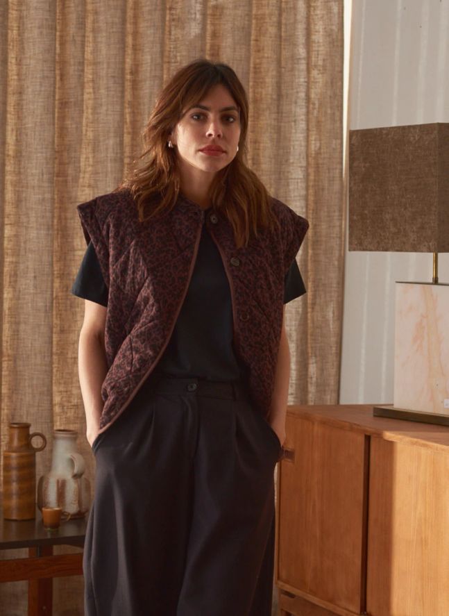 Veste Sans Manches Charlie Léopard Double Gaze de Coton - Collection Femme | Chocolat