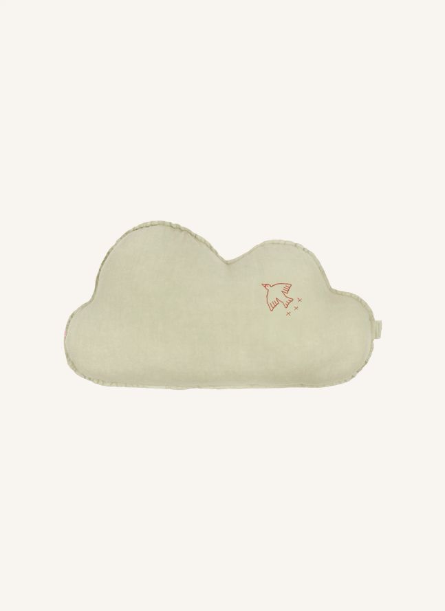 Coussin Nuage avec broderie Oiseau - Lin Français | Matcha