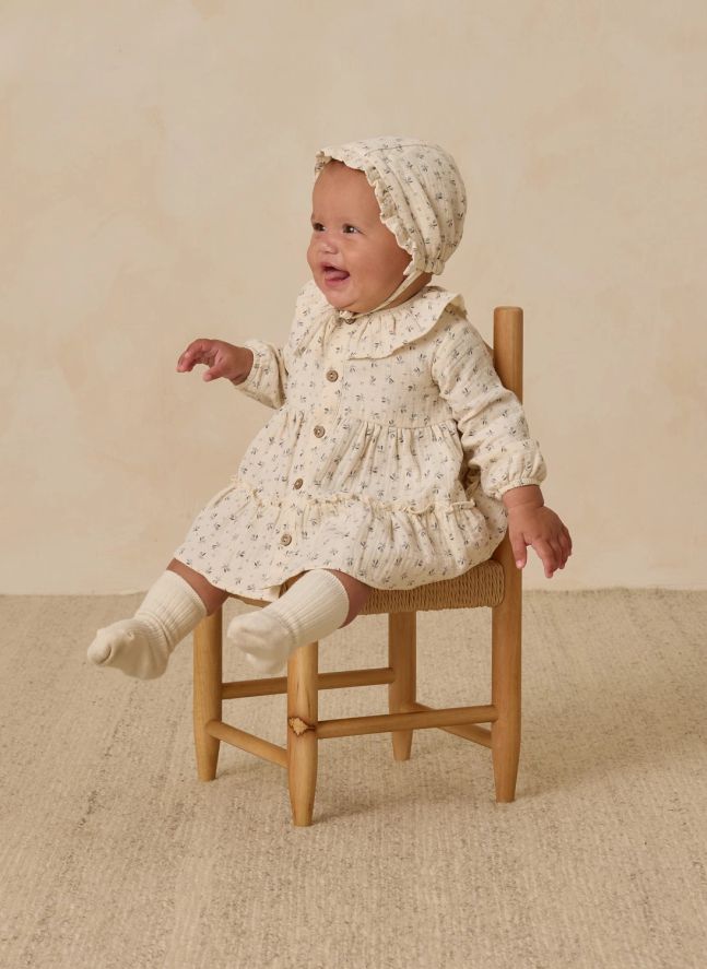 Robe Volants Fleurie Gaze de Coton Bio | Ecru