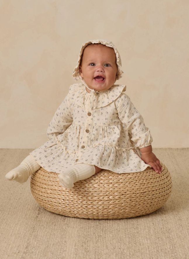 Robe Volants Fleurie Gaze de Coton Bio | Ecru