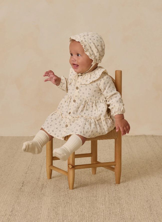 Robe Volants Fleurie Gaze de Coton Bio | Ecru