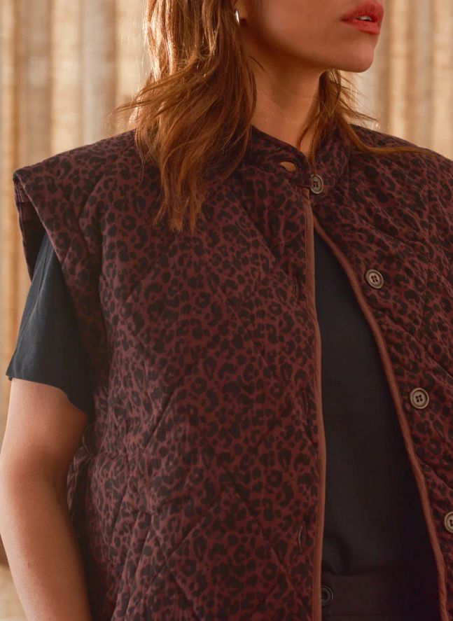 Veste Sans Manches Charlie Léopard Double Gaze de Coton - Collection Femme | Chocolat