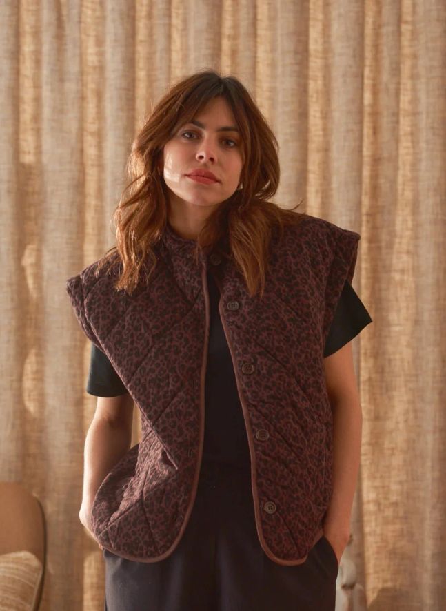 Veste Sans Manches Charlie Léopard Double Gaze de Coton - Collection Femme | Chocolat