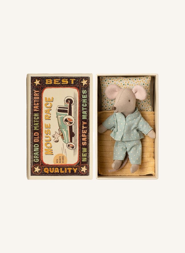 Petit frère souris dans sa boîte d'allumettes