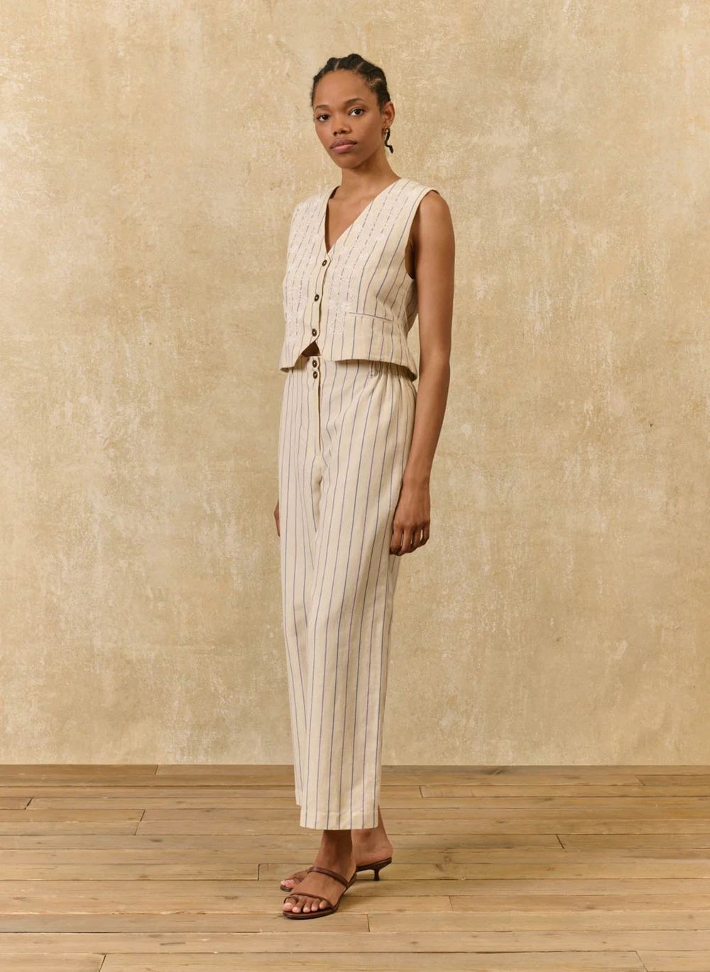 Pantalon Rayures Abuela Lin et Coton | Crème- Image produit n°2