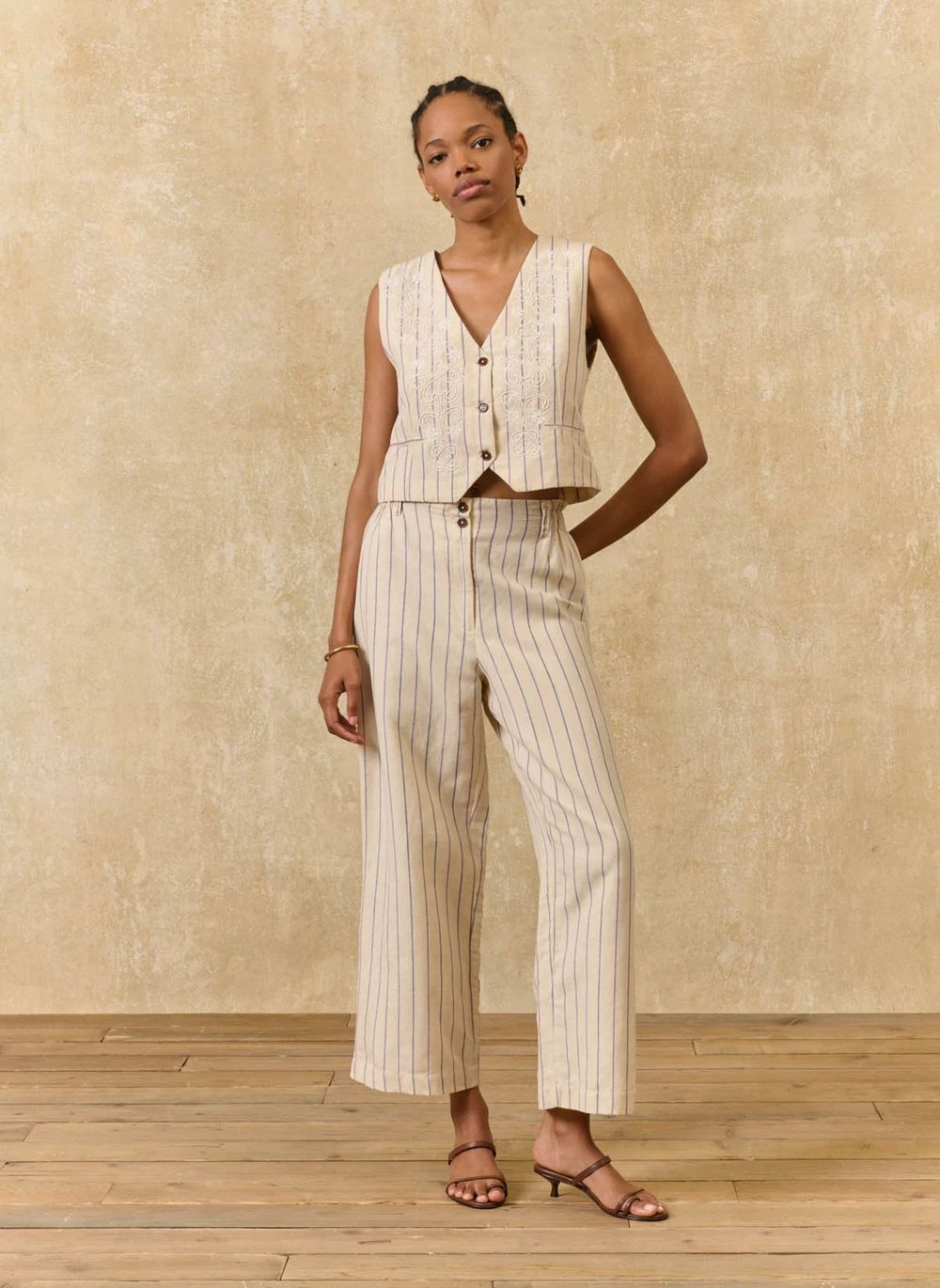 Pantalon Rayures Abuela Lin et Coton | Crème- Image produit n°1