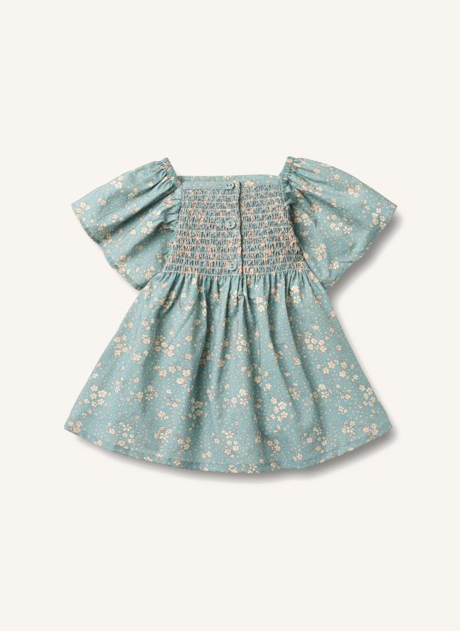 Vestido de bebé de algodón orgánico Elva Flowery | Azul Pálido