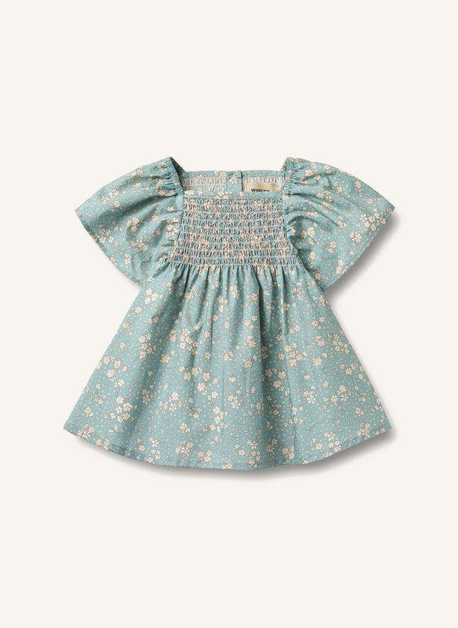 Vestido de bebé de algodón orgánico Elva Flowery | Azul Pálido