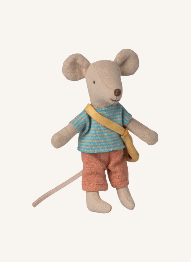 Petit frère souris avec son sac