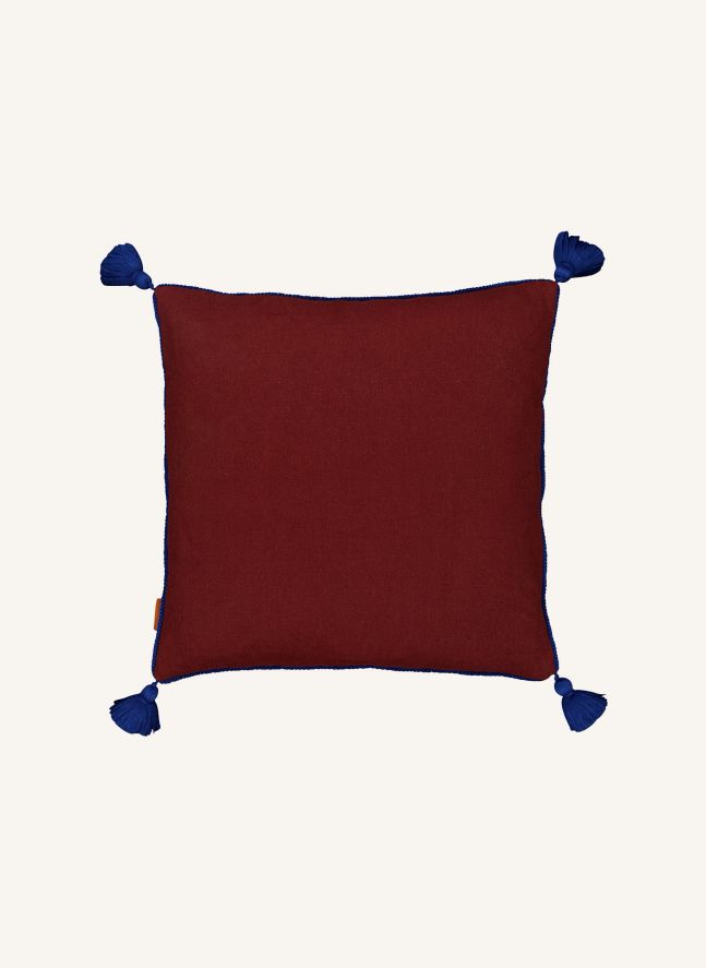Coussin en lin brodé avec pompons Viana | Bordeaux