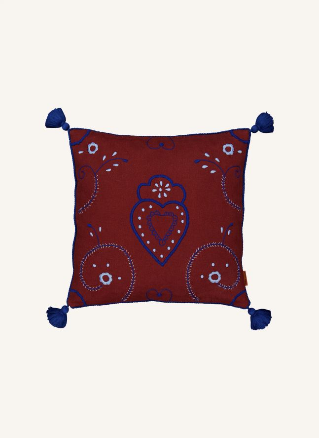 Coussin en lin brodé avec pompons Viana | Bordeaux