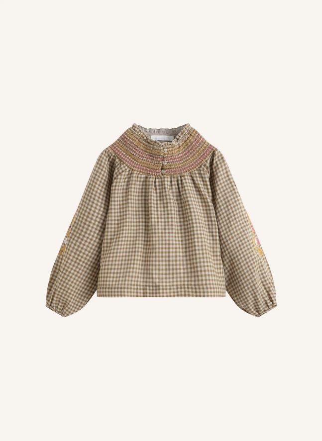 Blouse Brodée Evelina Carreaux | Brun kaki