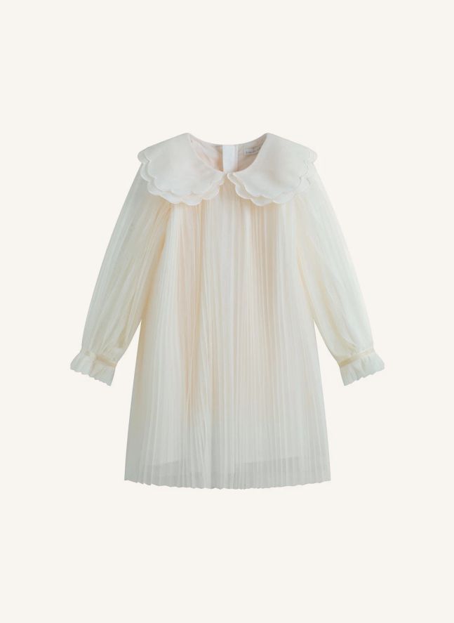 Reena Tulle Plissé Scalloped Neck Dress | Cream