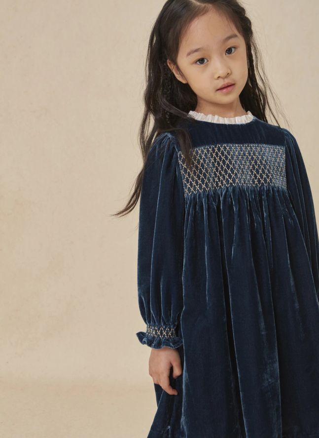 Robe Smockée Silvia Velours | Bleu marine