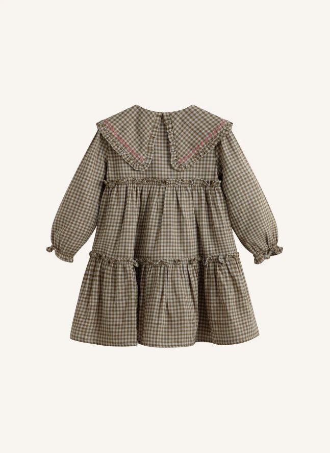 Viola Carreaux Embroidered Claudine Collar Dress | Khaki brown
